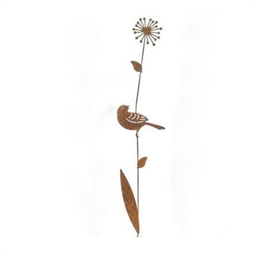 Metal Blomst 46 cm rust på stilk med fugl