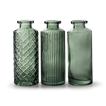 Glas vaser med mønster 3 ass. grøn 13,5 cm